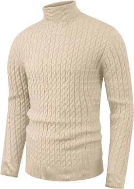 Men's Twisted Knitted Turtleneck Sweater Casual Soft Pullover Sweaters - Beige