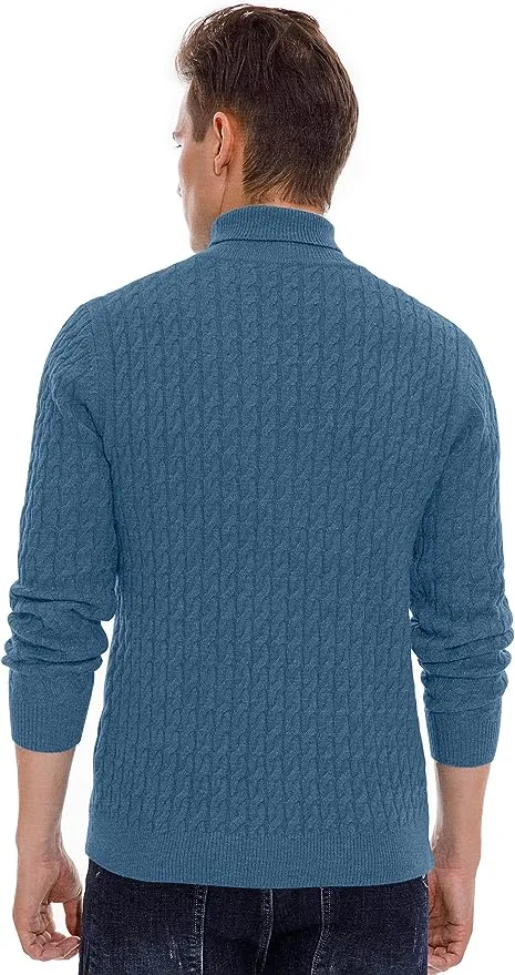 Men's Twisted Knitted Turtleneck Sweater Casual Soft Pullover Sweaters - Blue