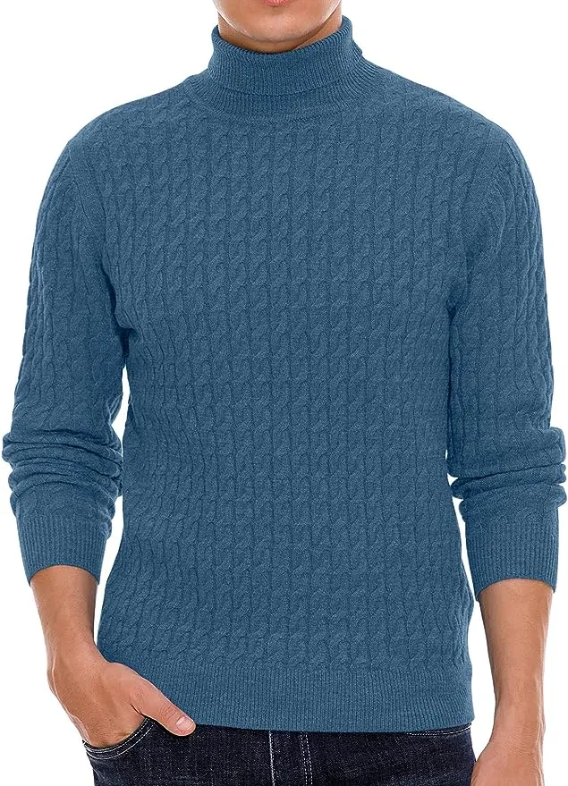 Men's Twisted Knitted Turtleneck Sweater Casual Soft Pullover Sweaters - Blue