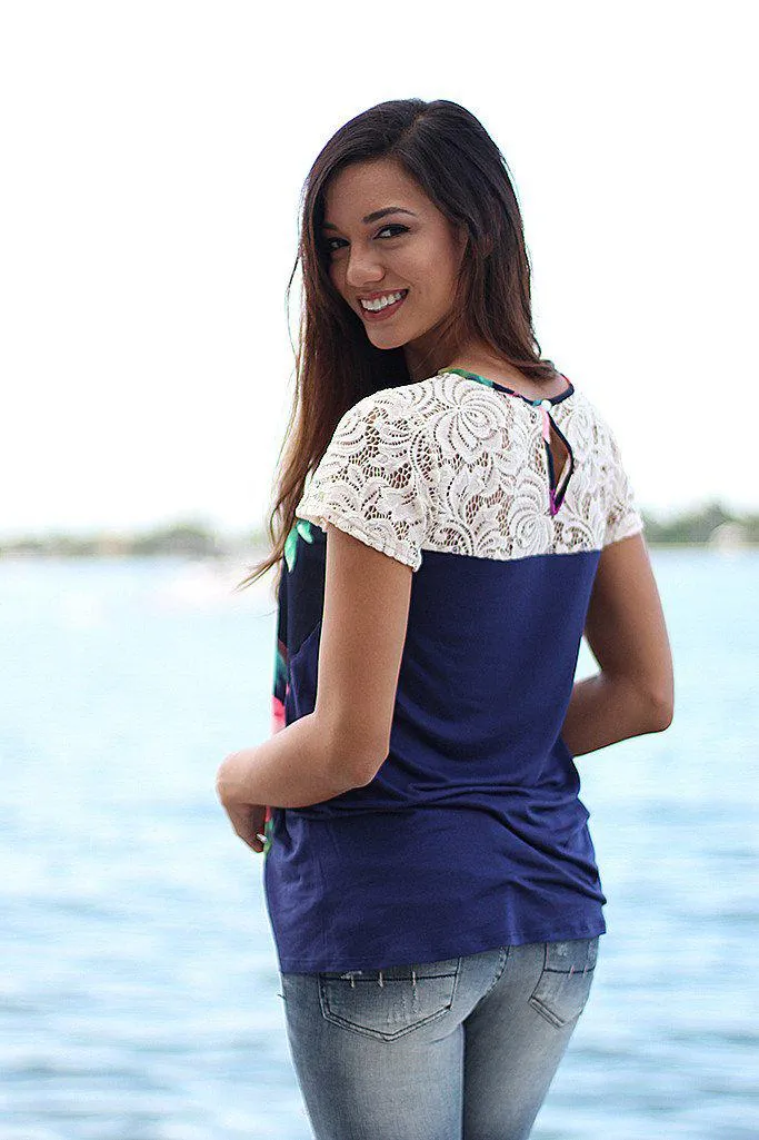 Navy Floral Top With Lace Sleeves