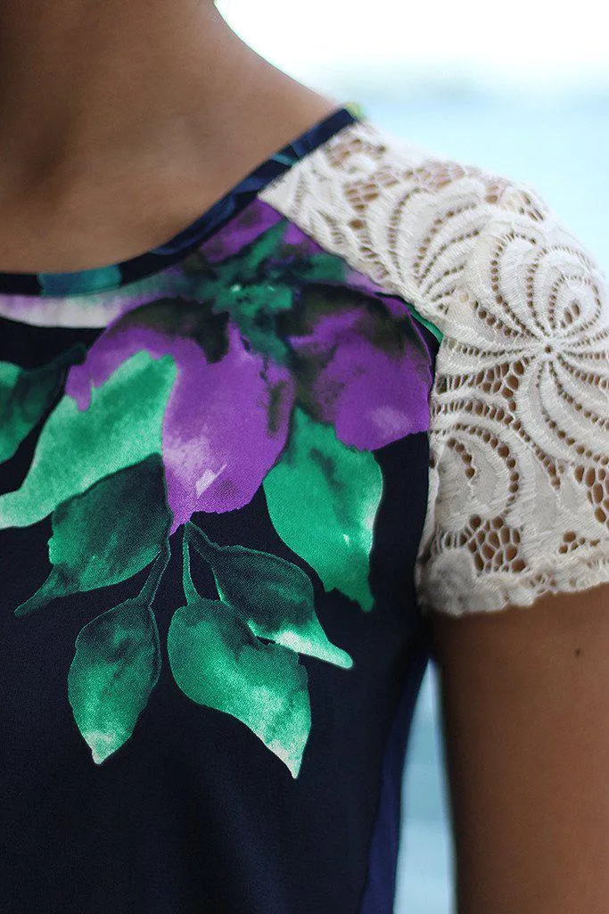 Navy Floral Top With Lace Sleeves