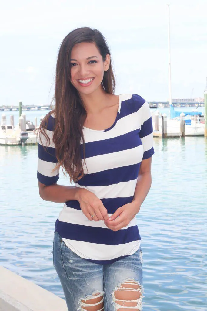 Navy Striped Top with Back Bow