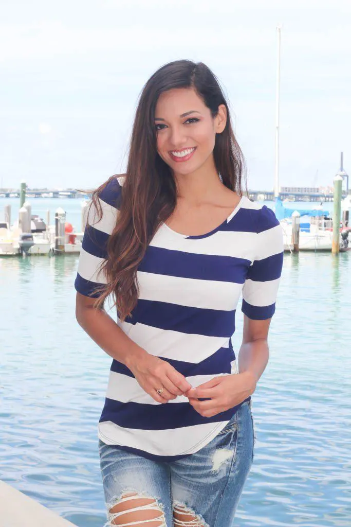 Navy Striped Top with Back Bow