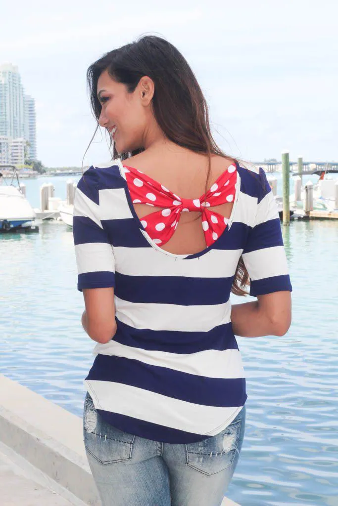 Navy Striped Top with Back Bow