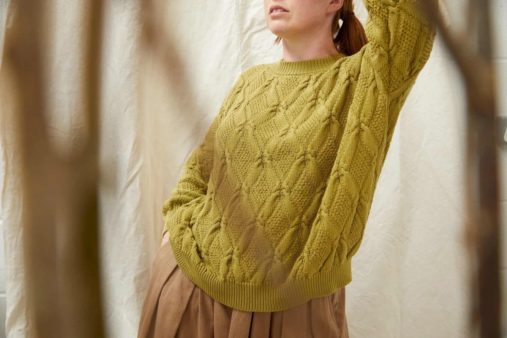 Organic Cotton Cable Sweater in Olive