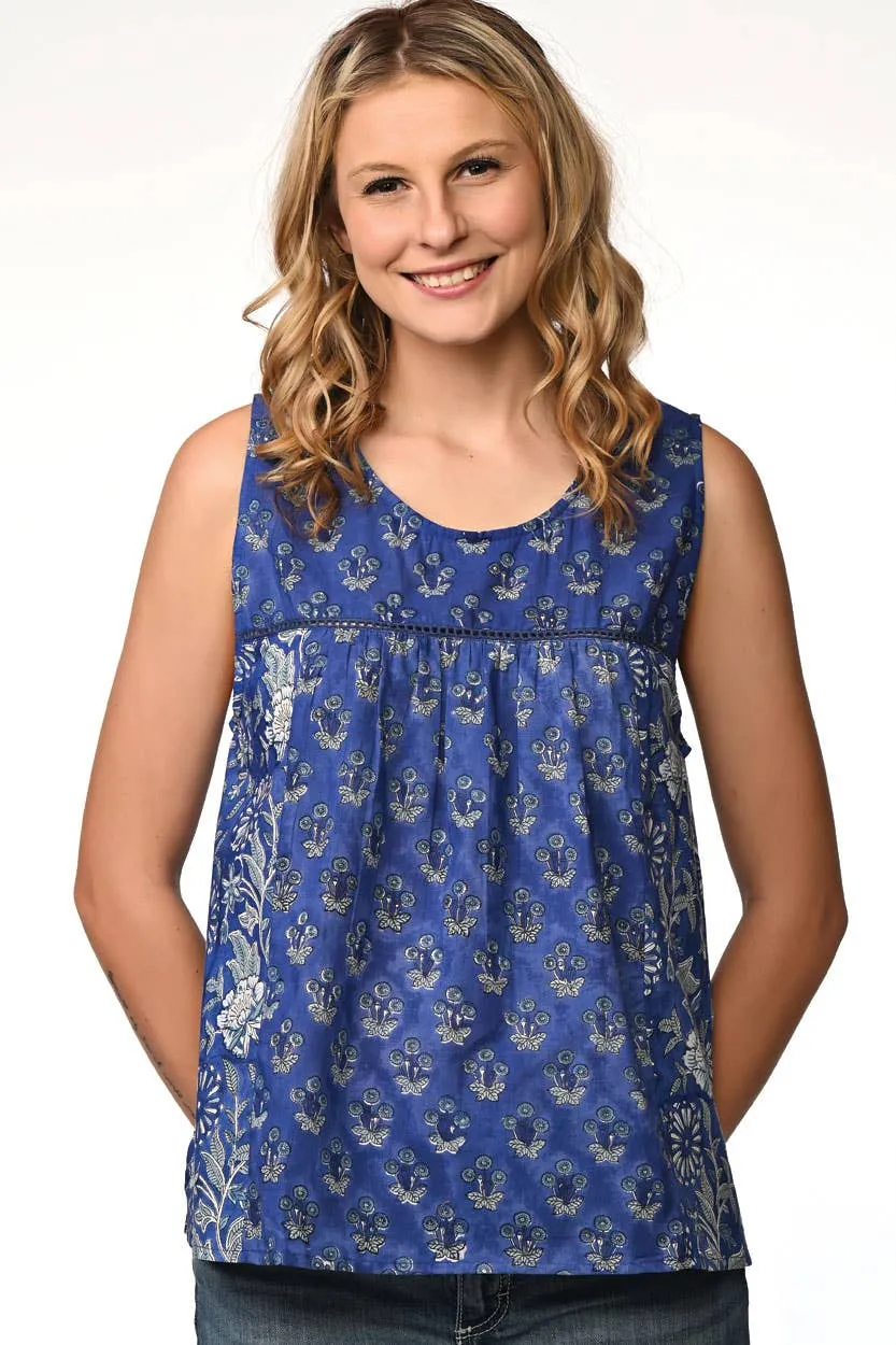 Pavitra Block Print Sleeveless Tops: Indigo / L/XL