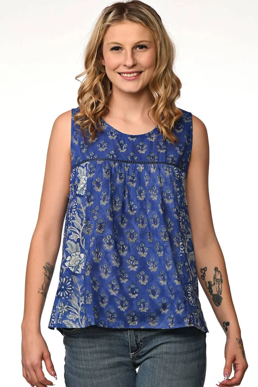 Pavitra Block Print Sleeveless Tops: Indigo / L/XL