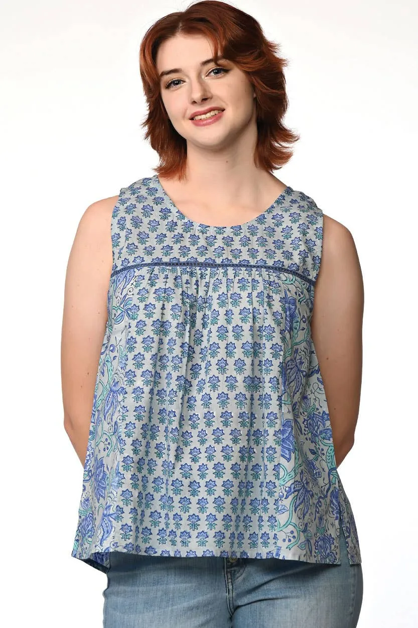 Pavitra Block Print Sleeveless Tops: Indigo / L/XL