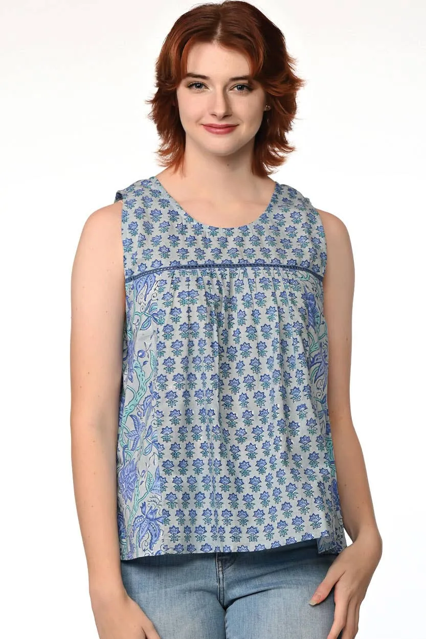 Pavitra Block Print Sleeveless Tops: Indigo / L/XL