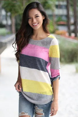 Pink and Yellow Color Block Top With Buttons