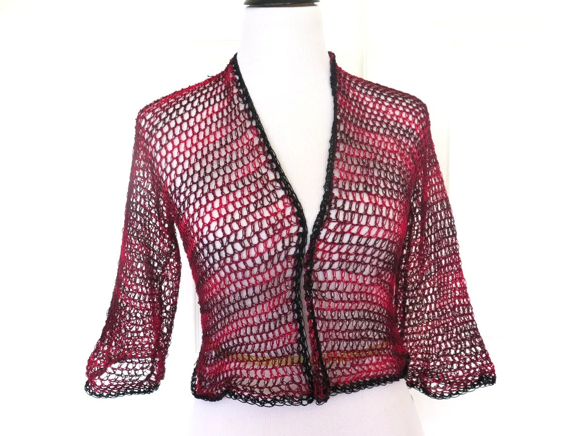 Red and Black Crochet Cropped Light Weight Shrug