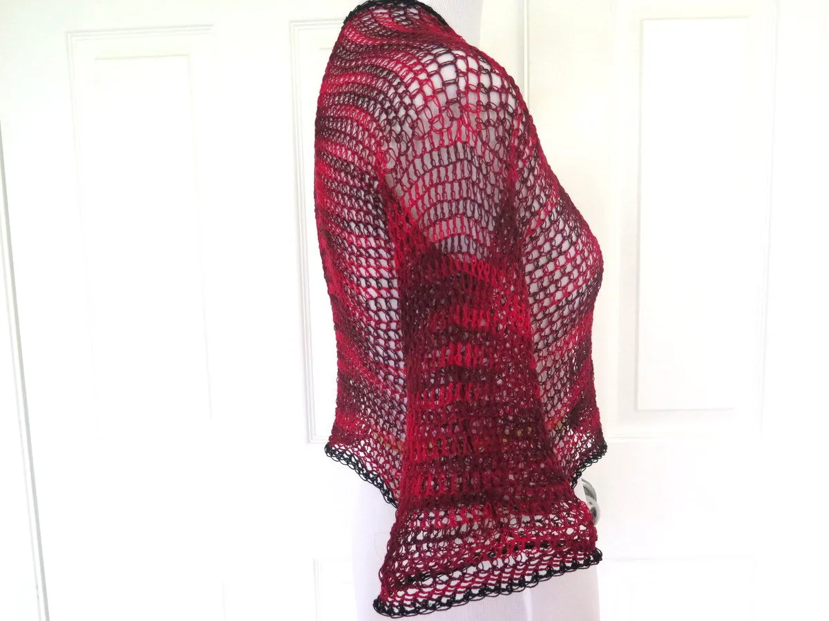 Red and Black Crochet Cropped Light Weight Shrug