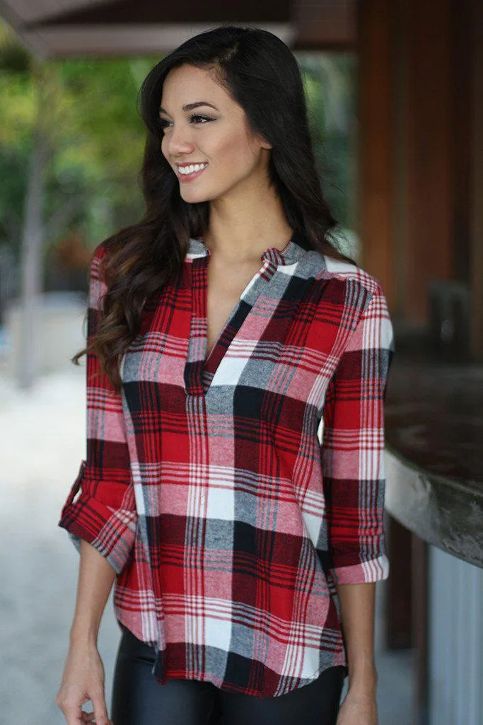 Red Plaid Top With Mandarin Collar