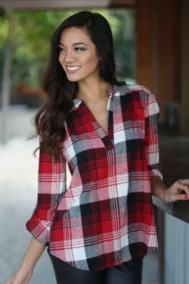 Red Plaid Top With Mandarin Collar