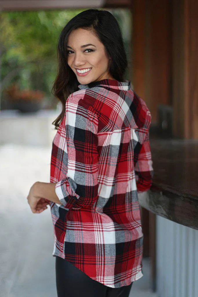 Red Plaid Top With Mandarin Collar