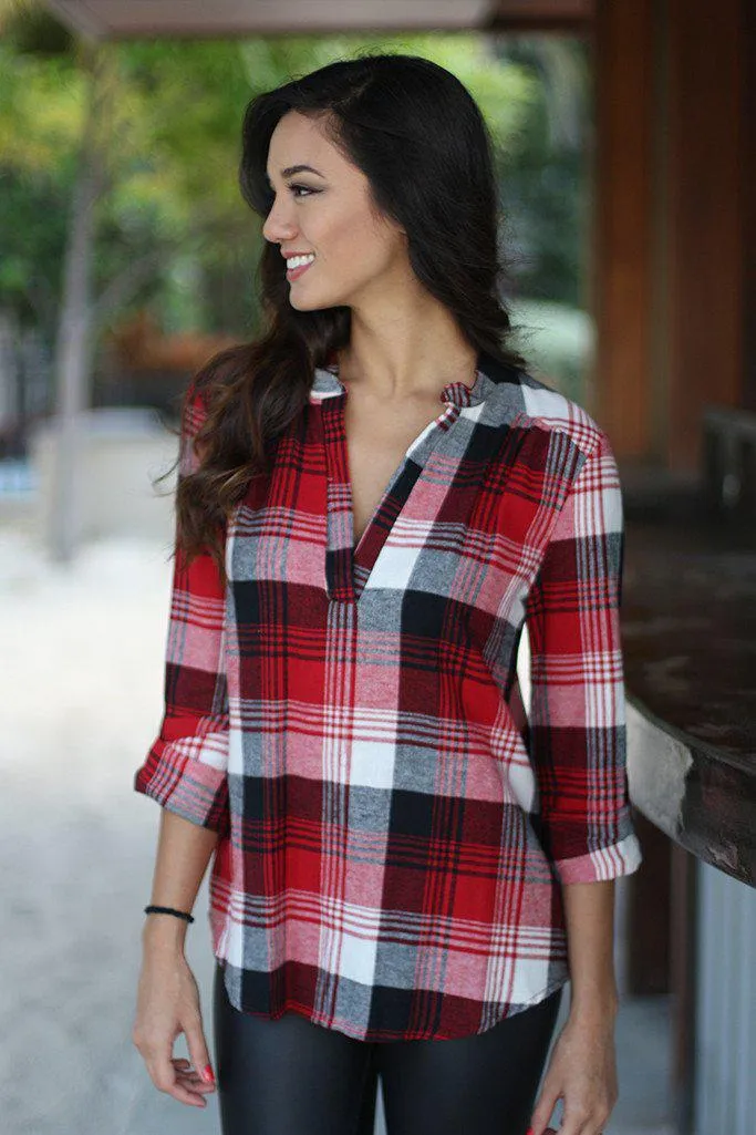 Red Plaid Top With Mandarin Collar