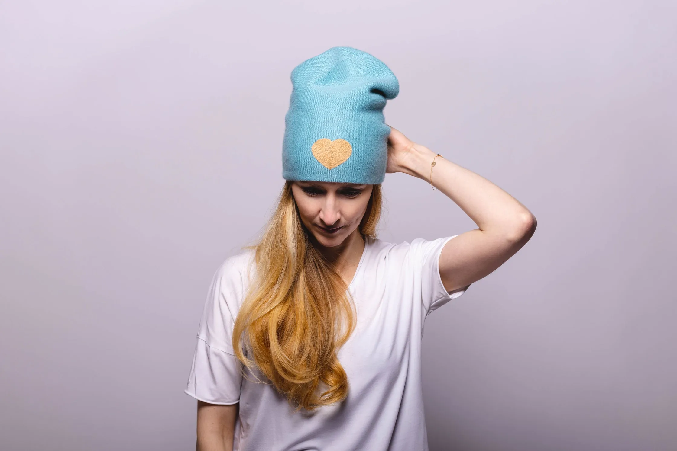 Reversible Slouchy Light Teal Cashmere Hat with Gold Heart