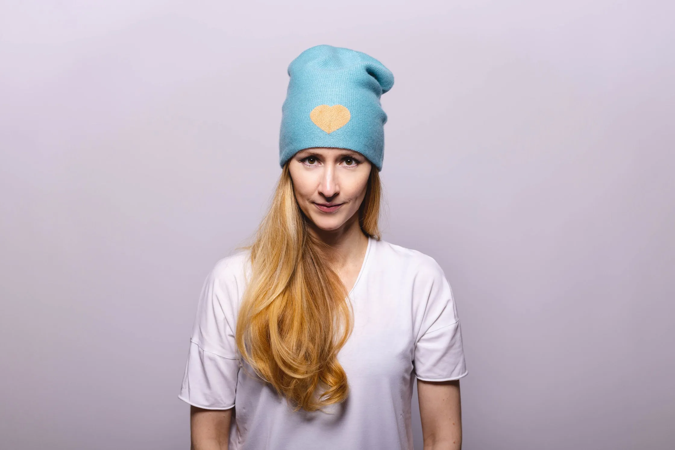 Reversible Slouchy Light Teal Cashmere Hat with Gold Heart