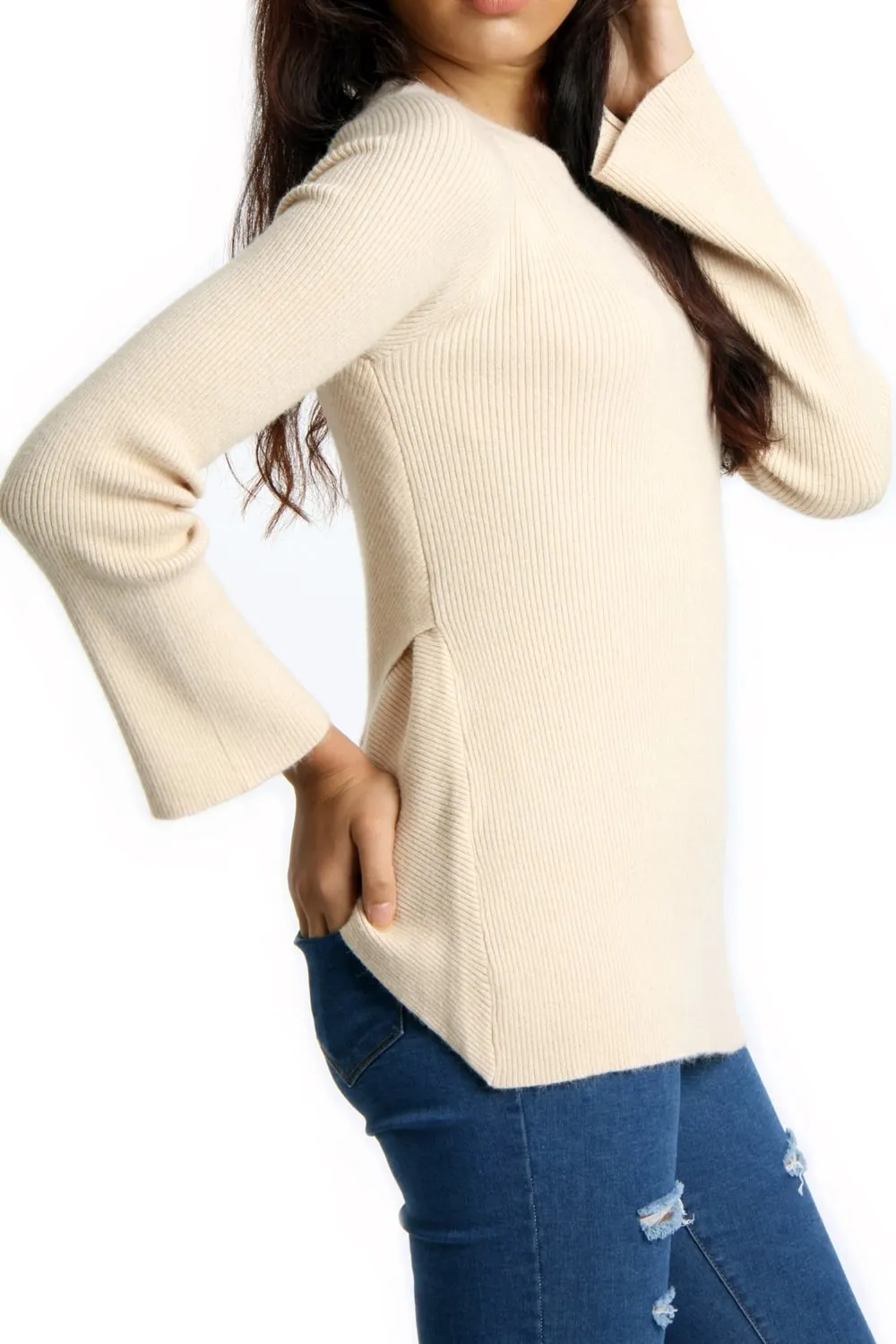 Rib Knit Bell-Sleeve Top With Cross Back