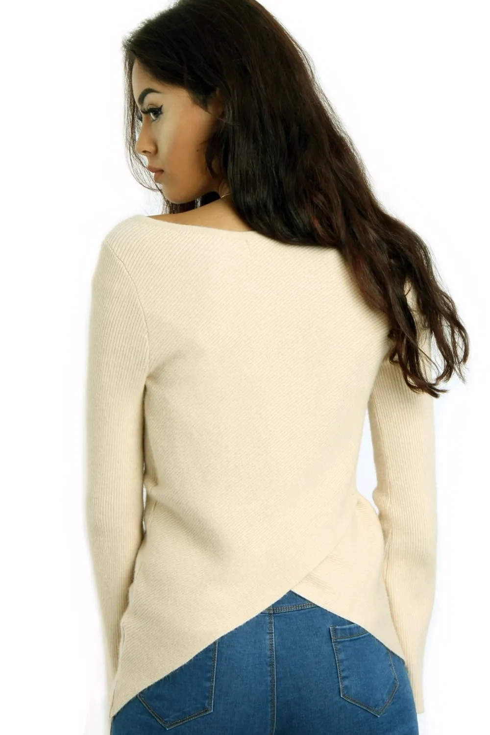 Rib Knit Bell-Sleeve Top With Cross Back