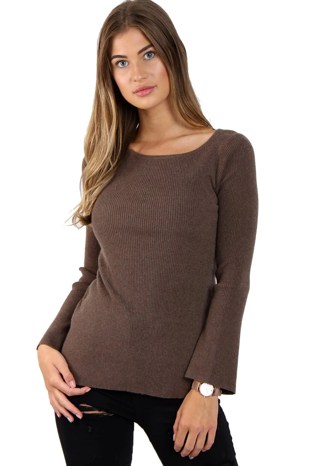 Rib Knit Bell-Sleeve Top With Cross Back