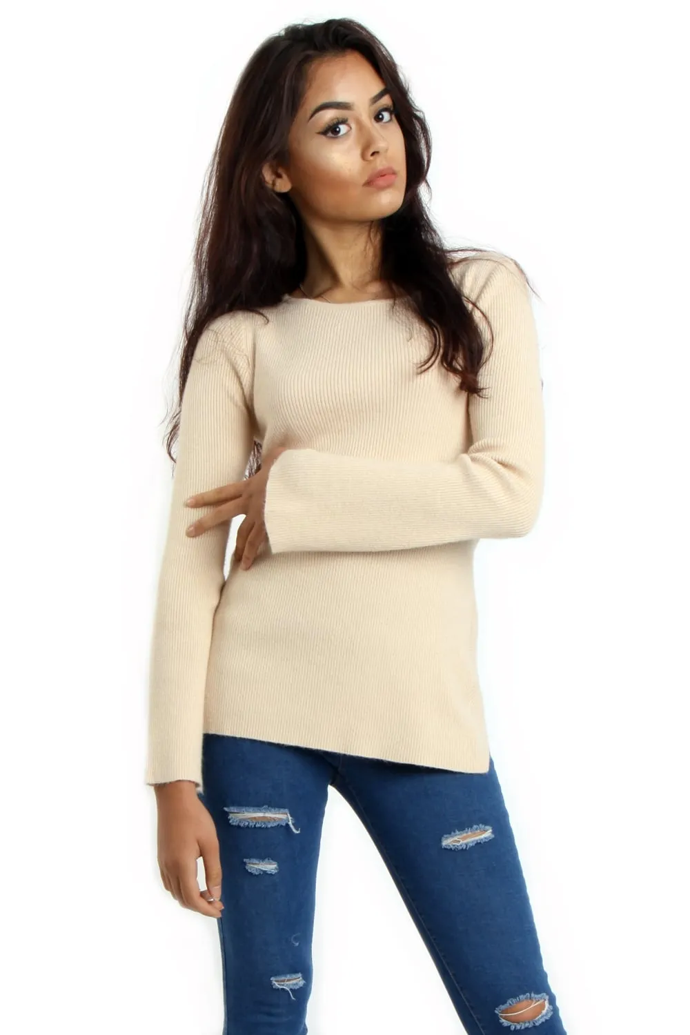 Rib Knit Bell-Sleeve Top With Cross Back