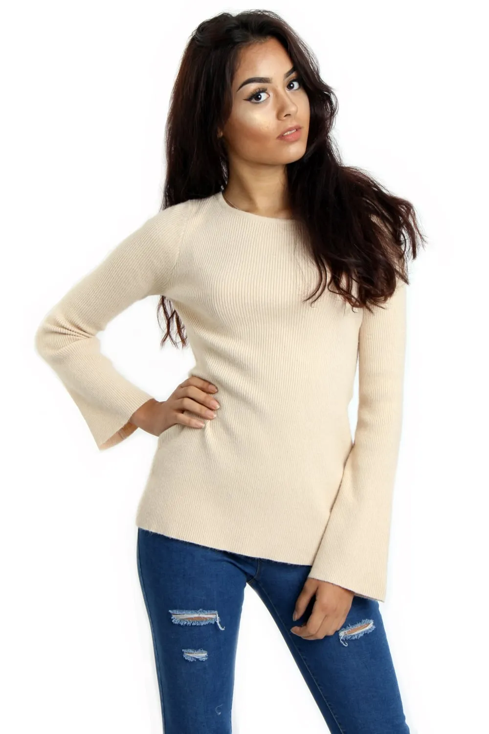 Rib Knit Bell-Sleeve Top With Cross Back