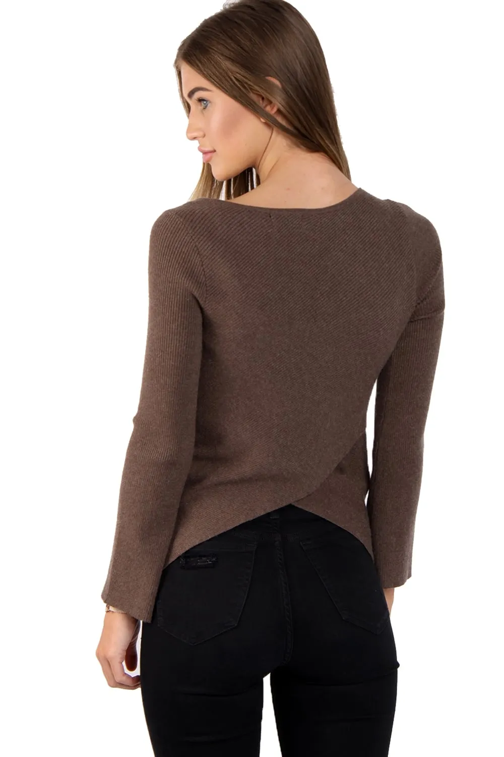 Rib Knit Bell-Sleeve Top With Cross Back