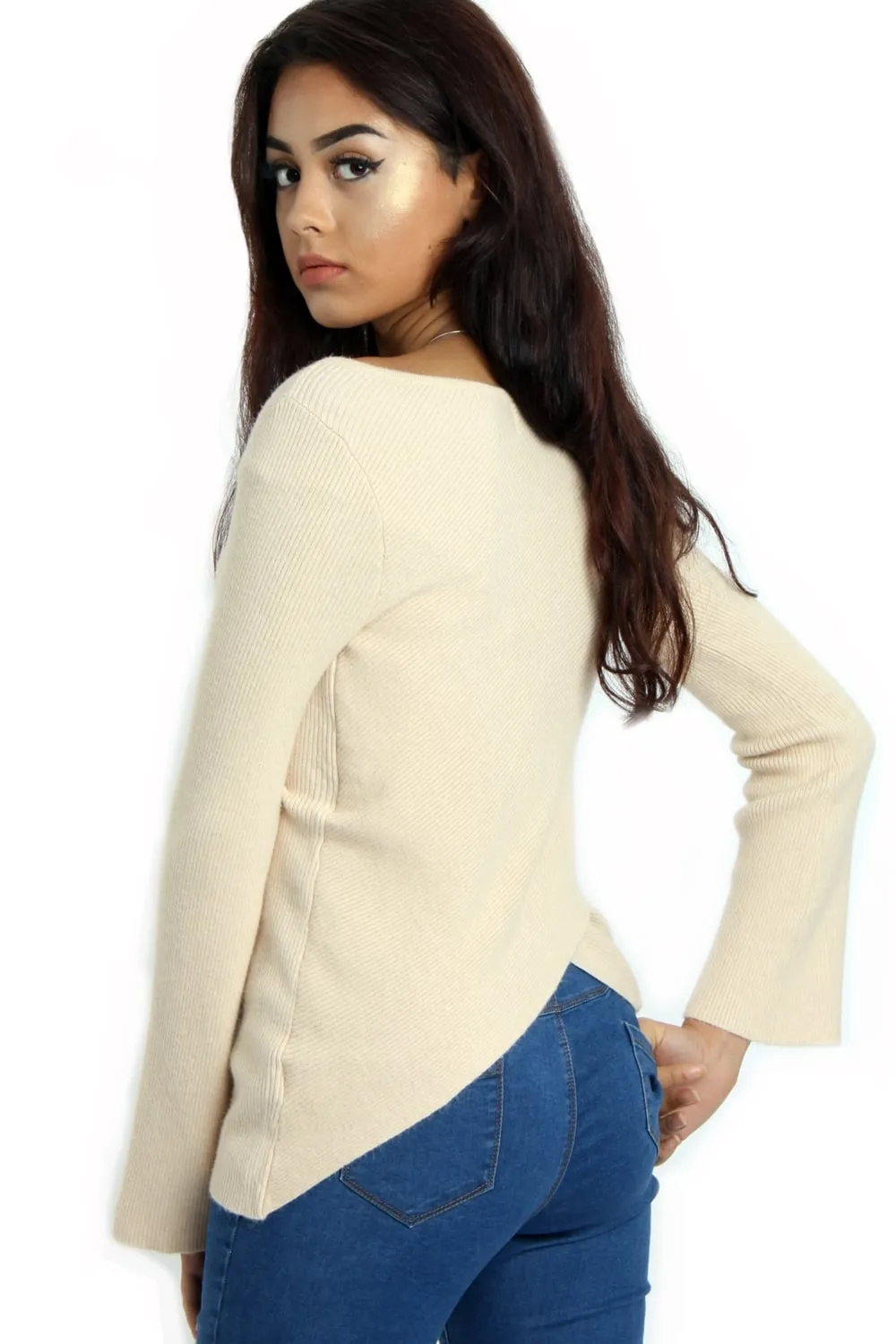 Rib Knit Bell-Sleeve Top With Cross Back