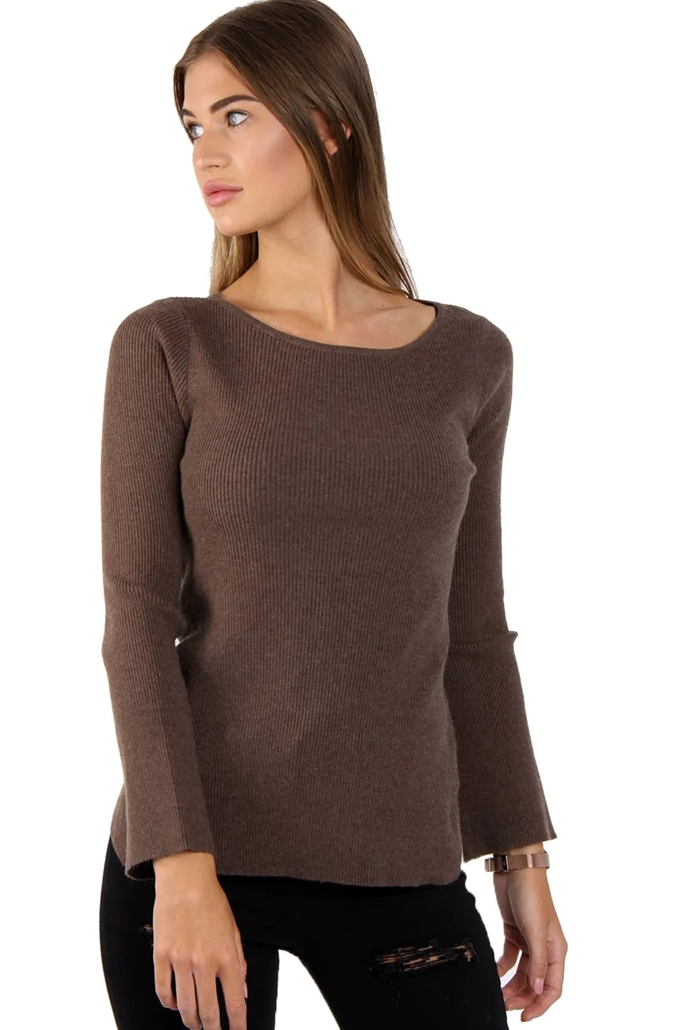 Rib Knit Bell-Sleeve Top With Cross Back