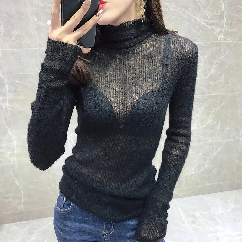 Slim See Through Sweater For Women Turtleneck Long Sleeve White Solid Basic Sweaters Female Autumn Fashion Style