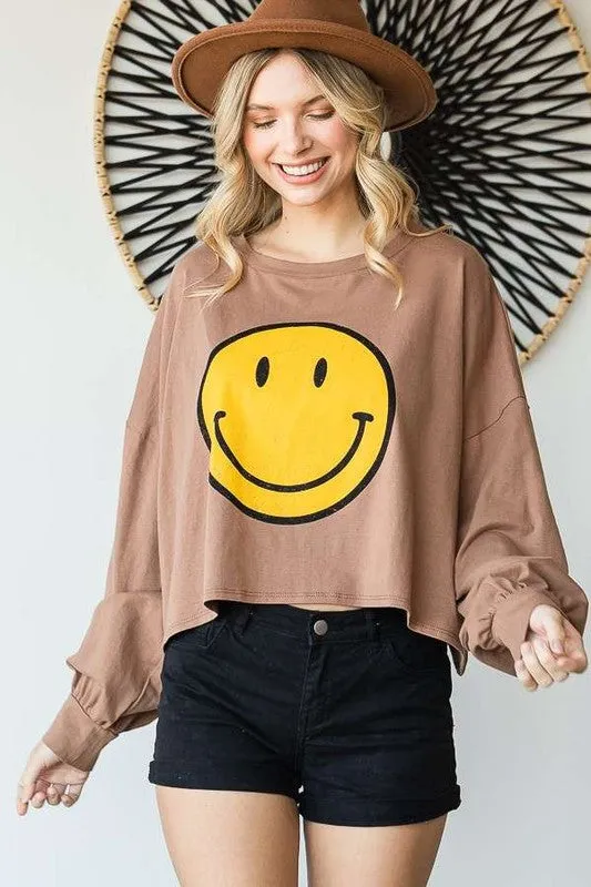 SMILEY FACE LONG SLEEVE CROP TOP - Online exclusive