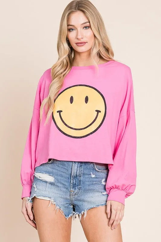 SMILEY FACE LONG SLEEVE CROP TOP - Online exclusive