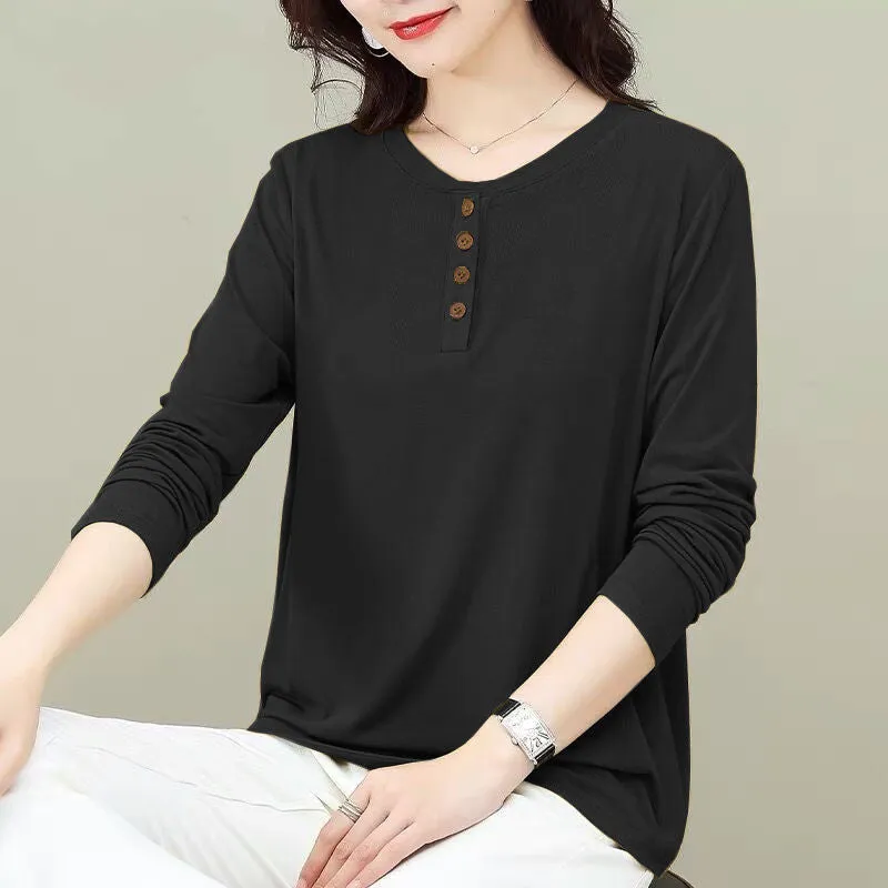 Solid Color Versatile Round Neck Tops