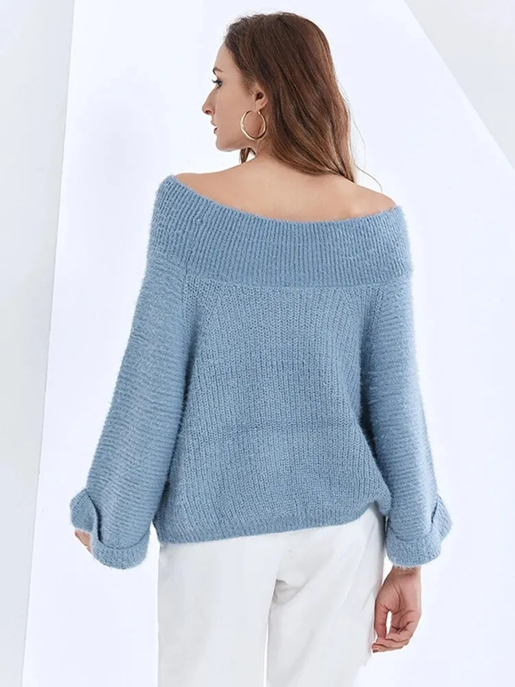 Solid Loose Knitting Sweaters For Women Slash Neck Cold Shoulder Batwing Sleeve Pullover Sweater Female Fashion