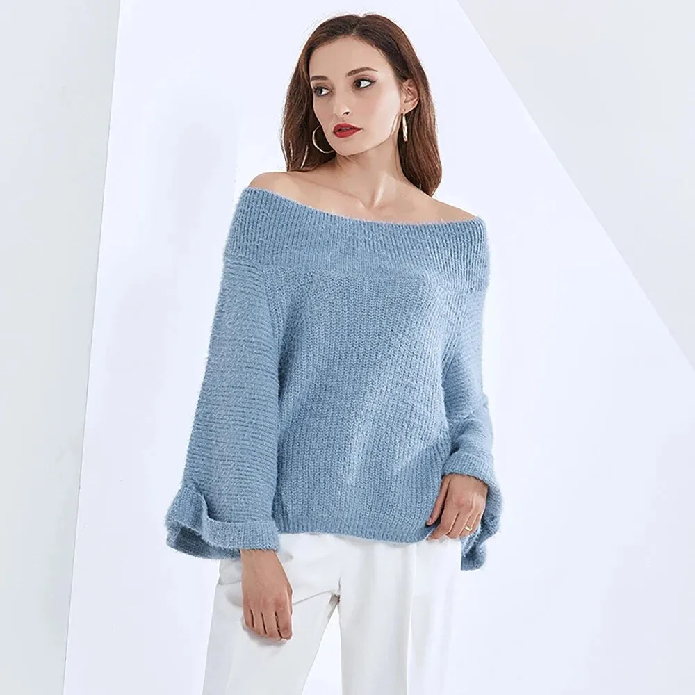 Solid Loose Knitting Sweaters For Women Slash Neck Cold Shoulder Batwing Sleeve Pullover Sweater Female Fashion