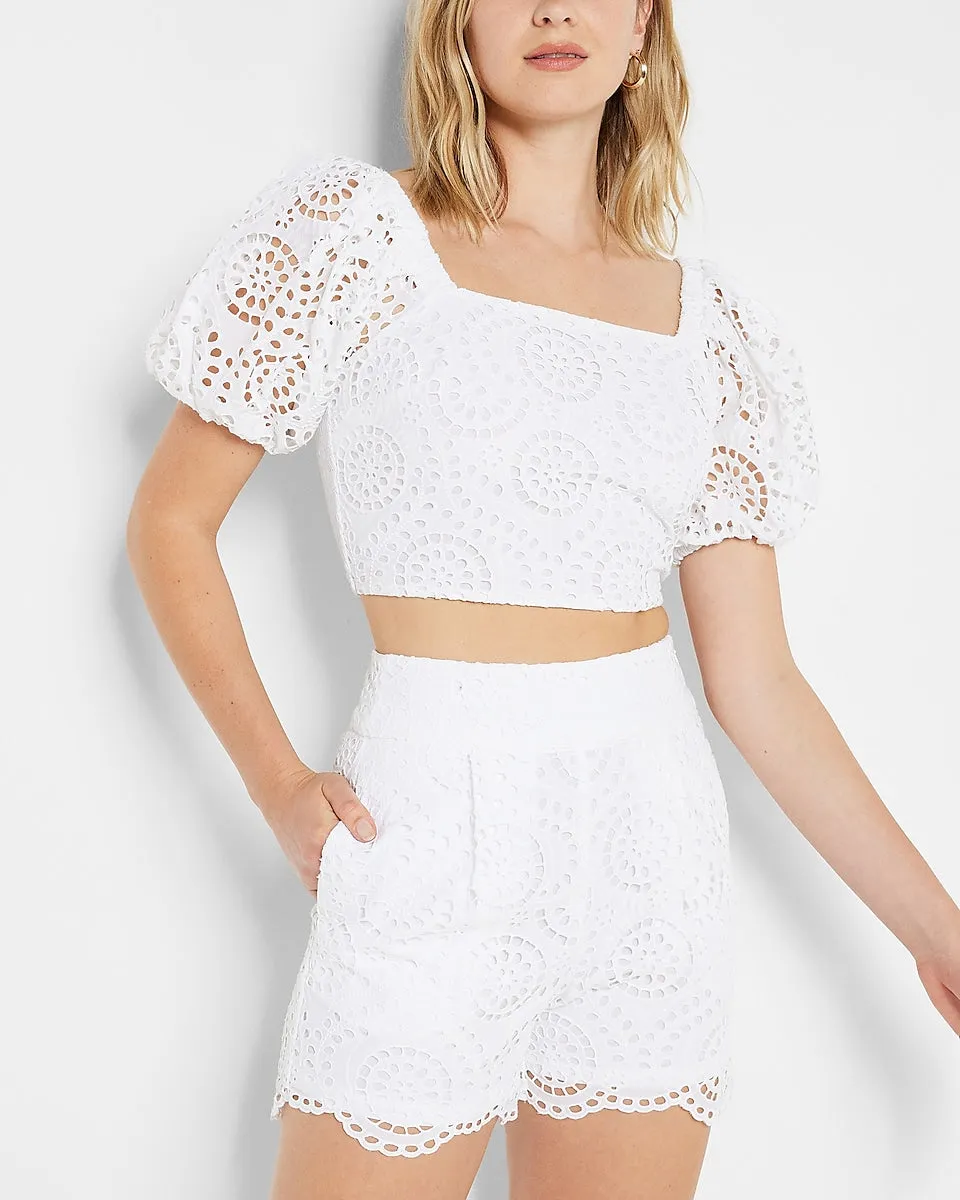 Square Neck Puff Sleeve Eyelet Crop Top in White