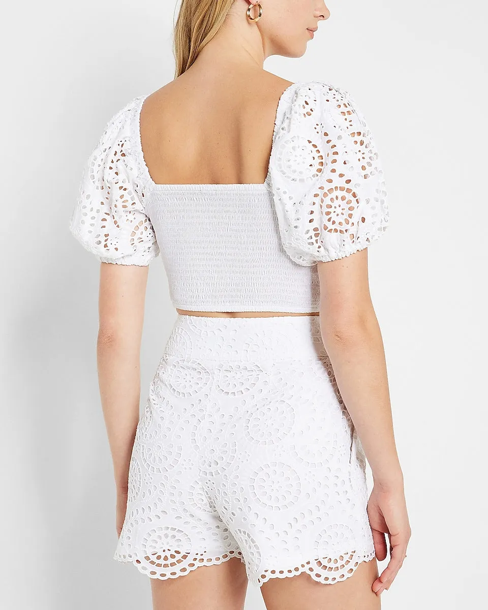 Square Neck Puff Sleeve Eyelet Crop Top in White