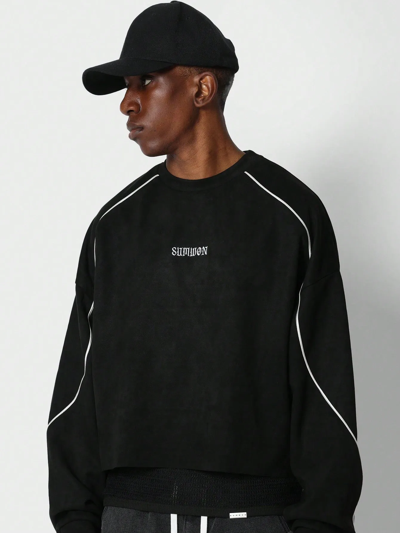 Suedette Crop Fit Sweatshirt With Piping Detail