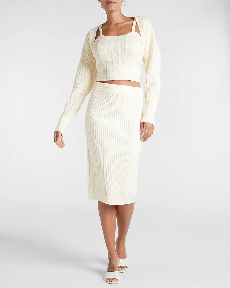 Super High Waisted Cable Knit Sweater Midi Skirt in Swan