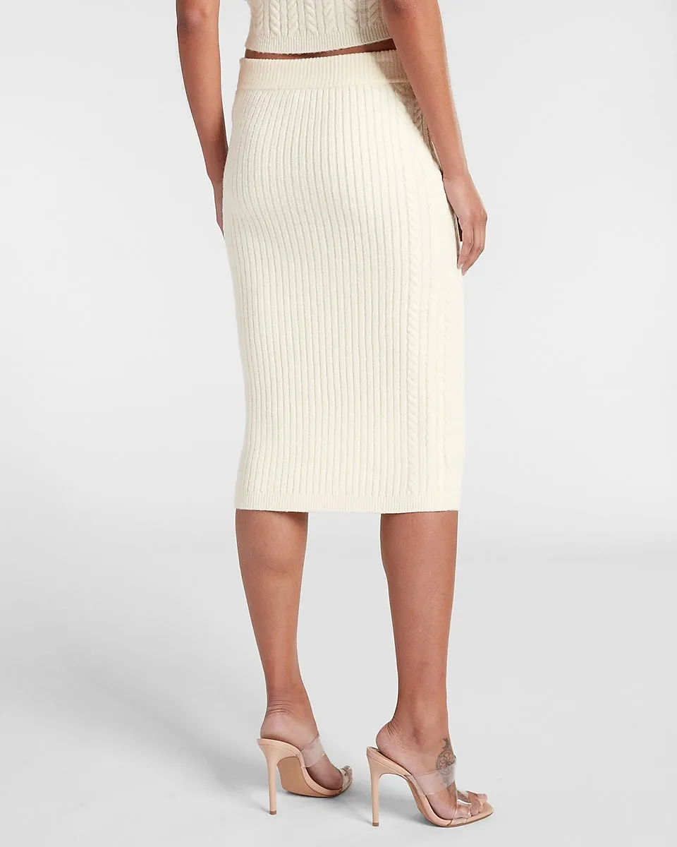 Super High Waisted Cable Knit Sweater Midi Skirt in Swan