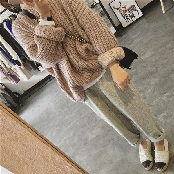 Thick Knit Oversized Beige Green Purple Warm Sweaters