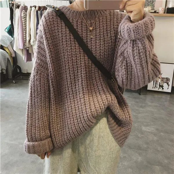 Thick Knit Oversized Beige Green Purple Warm Sweaters