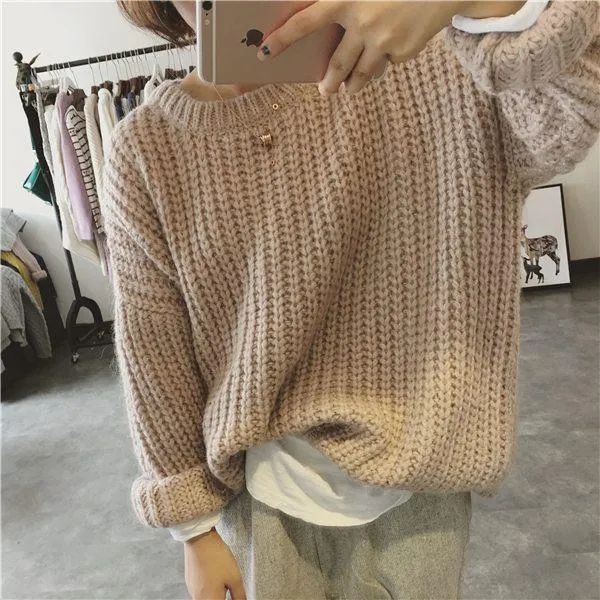 Thick Knit Oversized Beige Green Purple Warm Sweaters