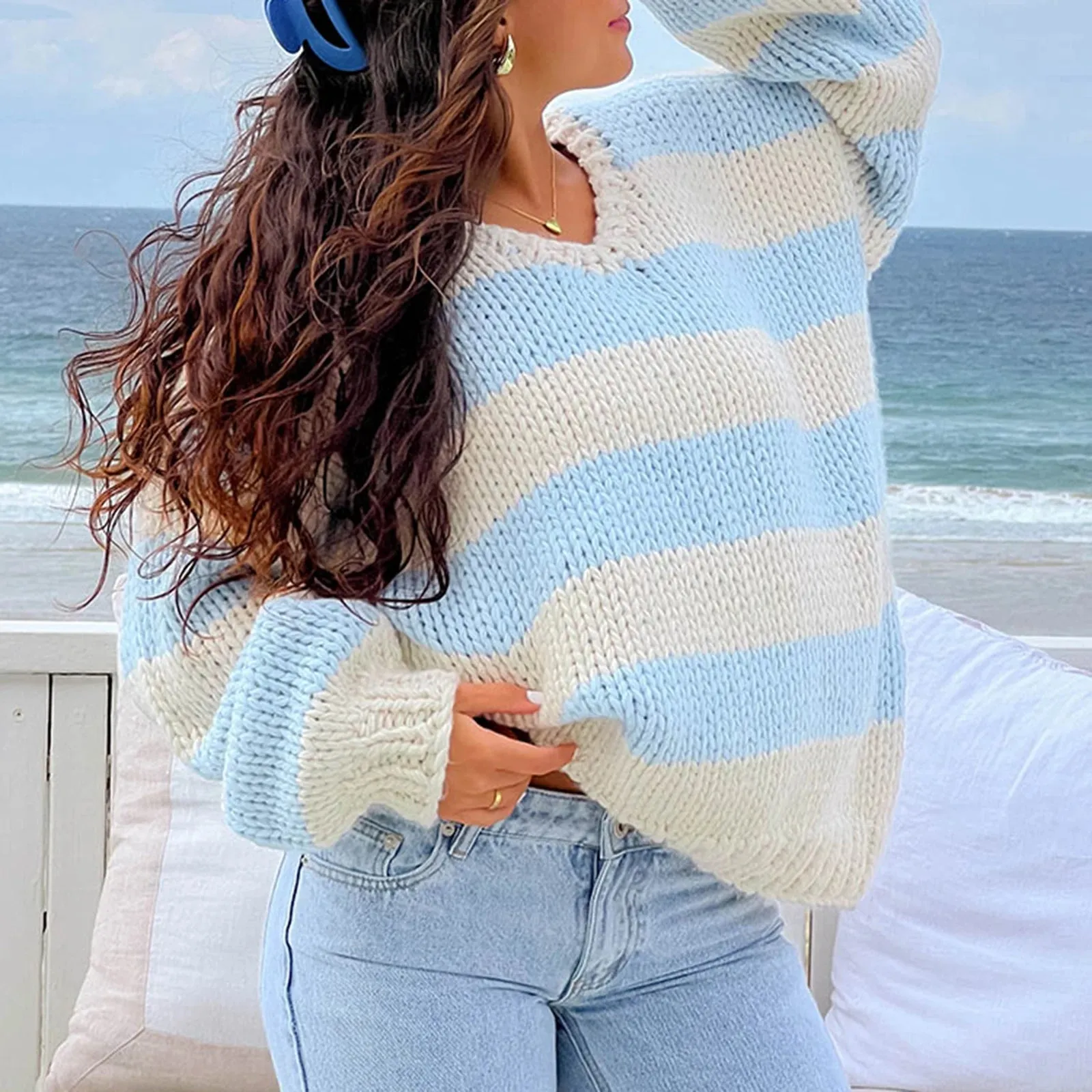 Toleet-Women Striped Chunky Knitted Sweater Drop Shoulder Long Sleeve V-Neck Oversized Sweater Pullover Vintage Loose Knit Jumper Tops