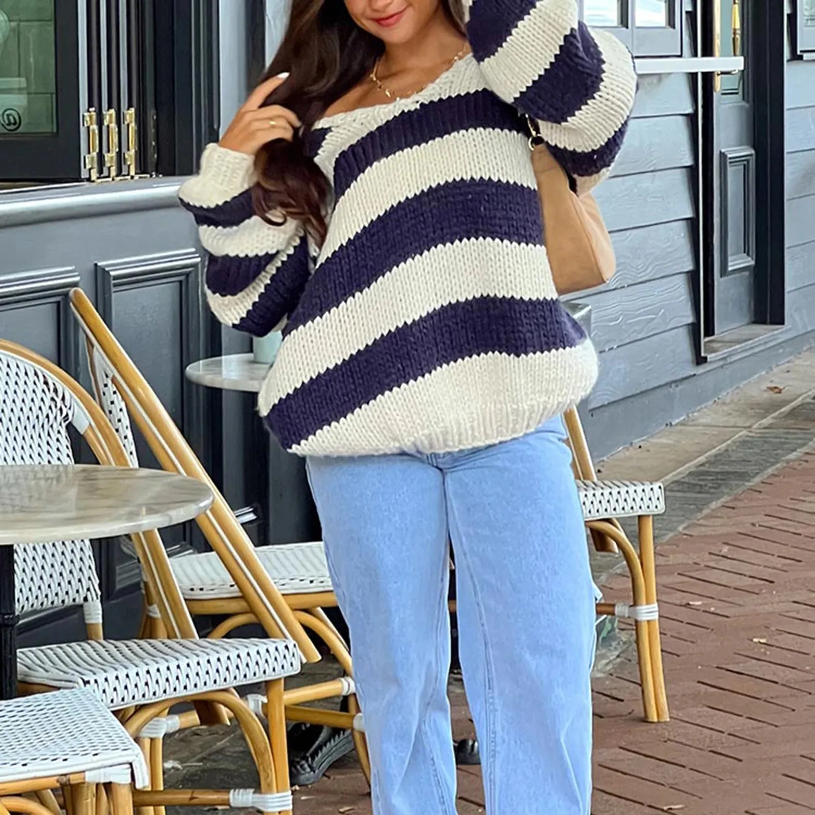 Toleet-Women Striped Chunky Knitted Sweater Drop Shoulder Long Sleeve V-Neck Oversized Sweater Pullover Vintage Loose Knit Jumper Tops