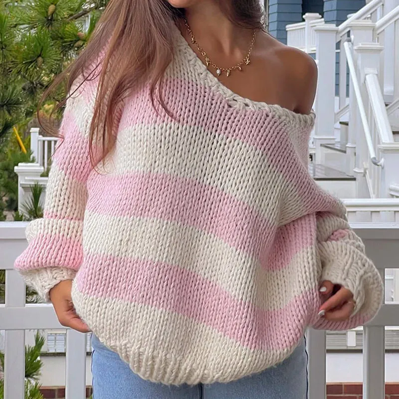 Toleet-Women Striped Chunky Knitted Sweater Drop Shoulder Long Sleeve V-Neck Oversized Sweater Pullover Vintage Loose Knit Jumper Tops