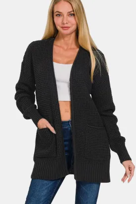 US Zenana Cardigan Waffle Knit Open Front Pocketed Sweater