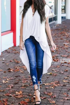 White Short Sleeve Surplice Neck Drape High Low Top