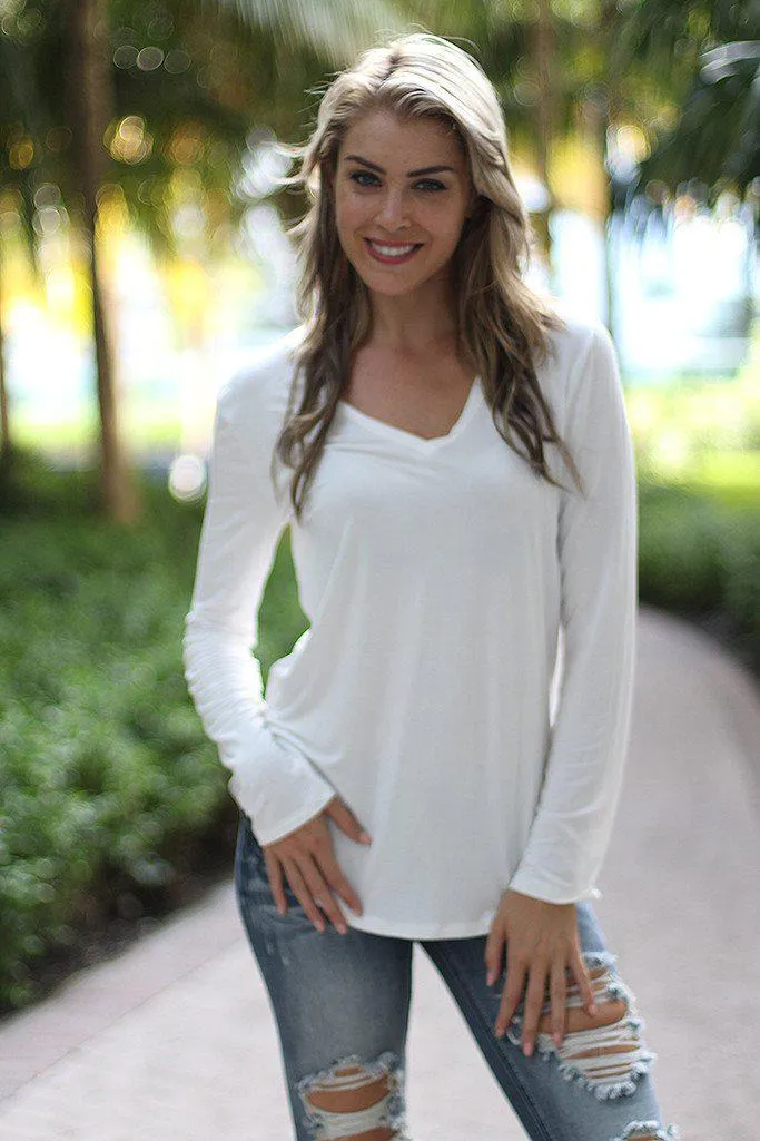 White V-Neck Top With Long Sleeves